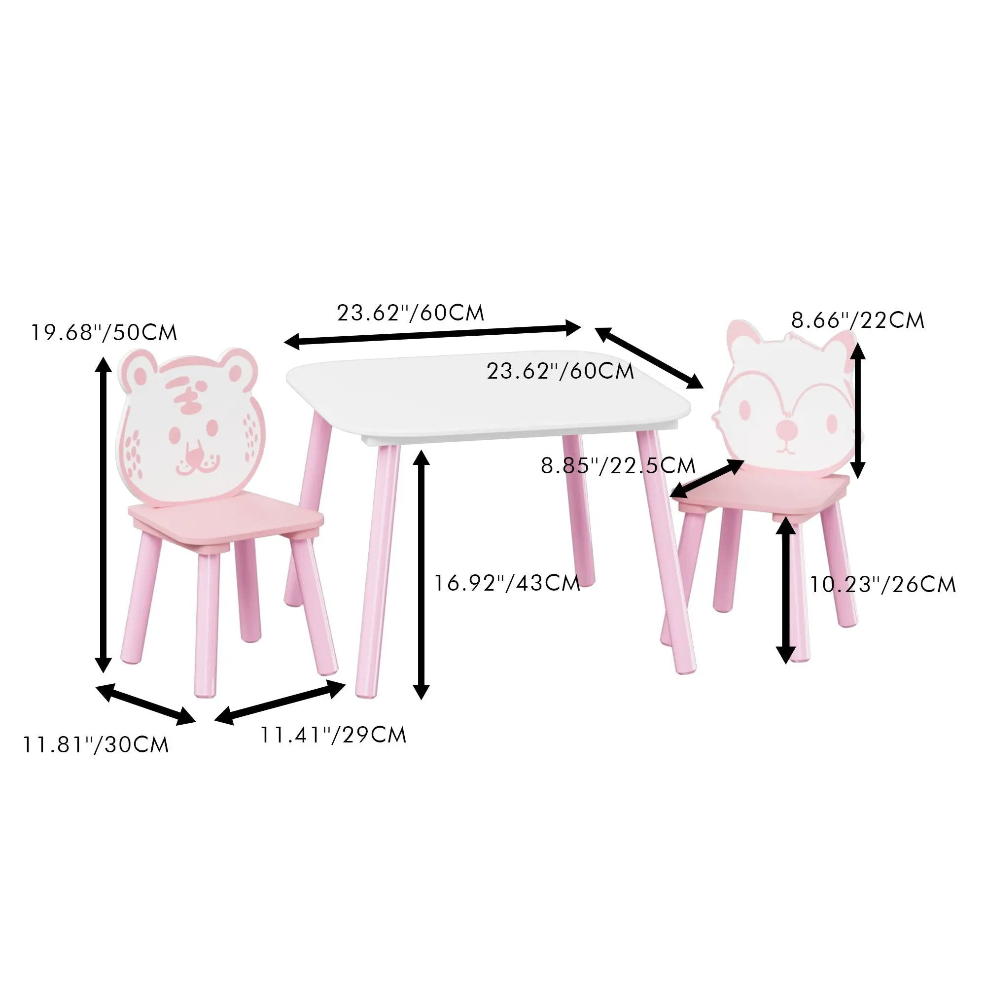 Table And Chair Set, 3 Piece Wooden Toddler Desk With Animal Backrest - Pink / White by HouseOfZazla