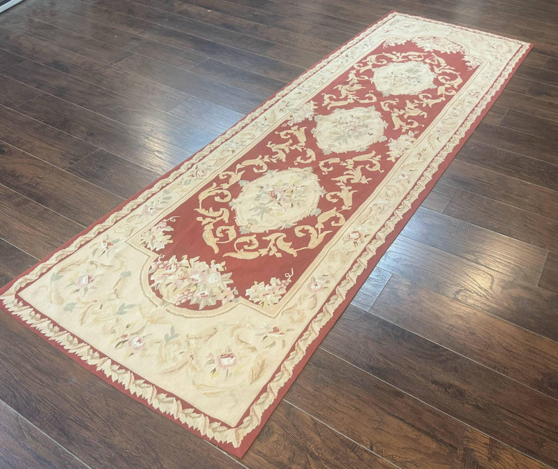 Aubusson Runner Rug 3x10, European Design, Red and Beige, Elegant, Handmade Wool Rug by Jewel Rugs