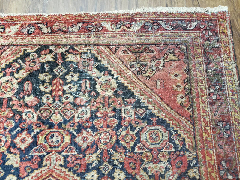 Antique Persian Mahal Area Rug 4.4 x 6.6, Wool Hand-Knotted Shabby Chic Oriental Rug, Red Black 1930s Foyer Room Carpet, Low Pile Boho Rug by Jewel Rugs