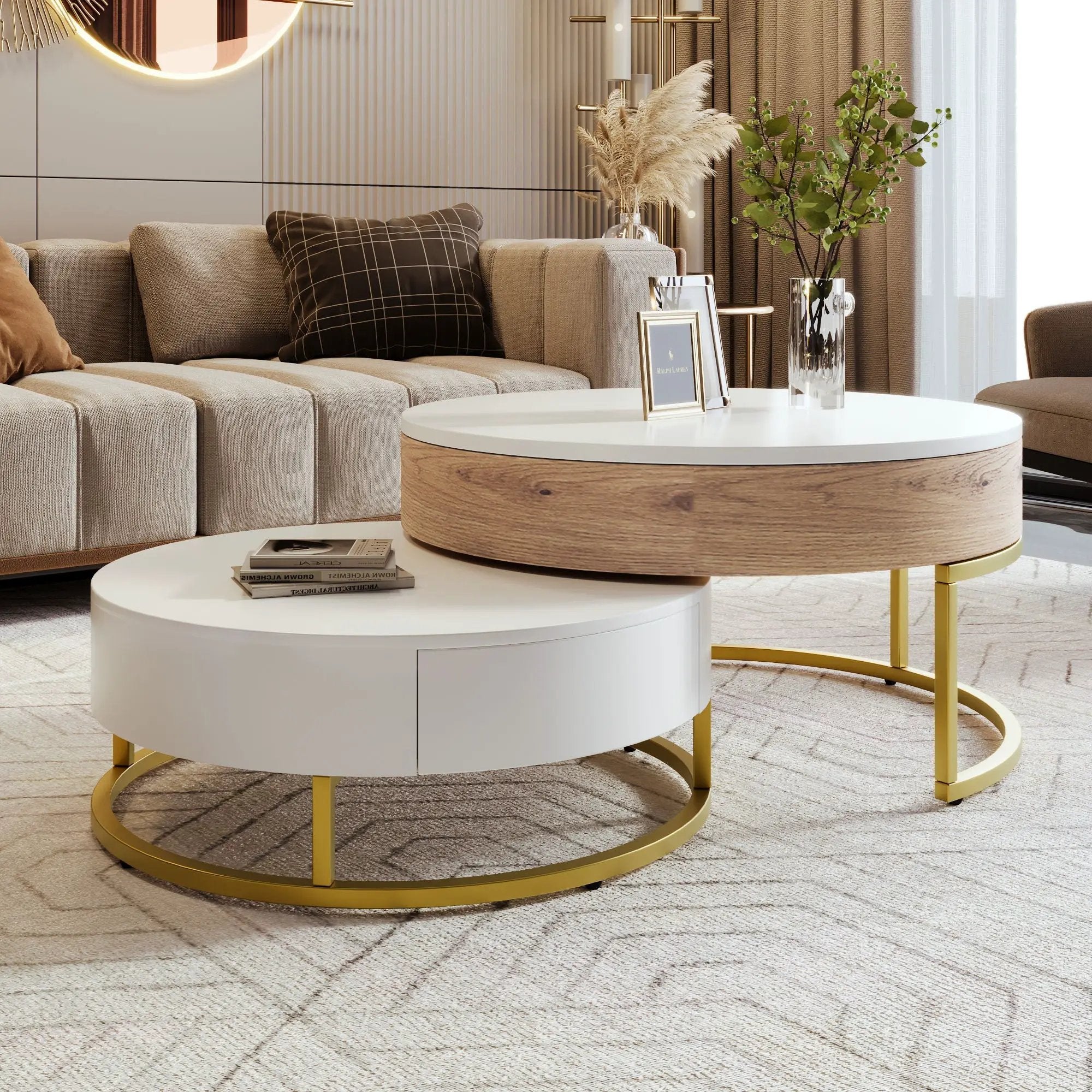 Modern Round Lift-Top Nesting Coffee Tables With 2 Drawers by Unique Piece Furniture