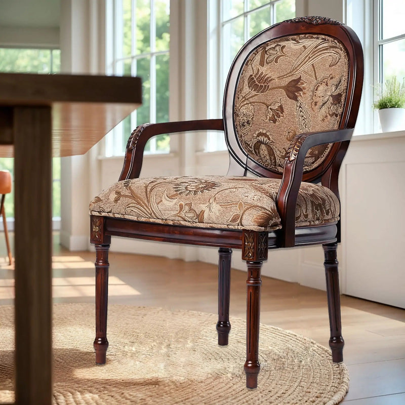 Bernice - Oval Back Chair With Floral Carvings - Brown / Beige Gray by HouseOfZazla