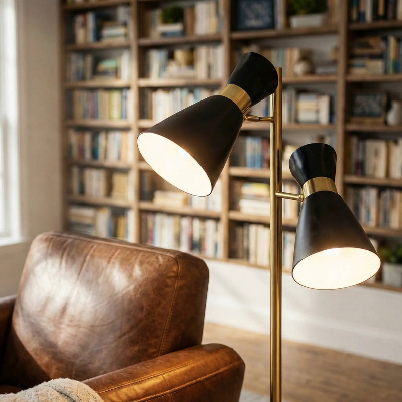 Axis - Floor Lamp With 4 Way Switch Double Spots With Base - Black / Gold by Unique Piece Furniture