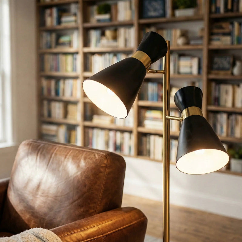Axis - Floor Lamp With 4 Way Switch Double Spots With Base - Black / Gold by HouseOfZazla