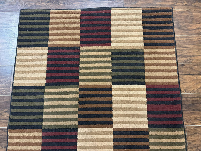Vintage Power Loomed Rug 3.6 x 5, Brown Beige Black Tan, Box Design by Jewel Rugs