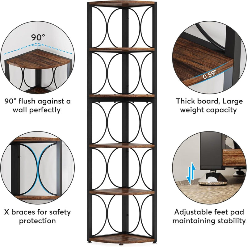 Tall 6 Tier Corner Bookshelf Storage Rack For Living Room - Rustic Brown by HouseOfZazla
