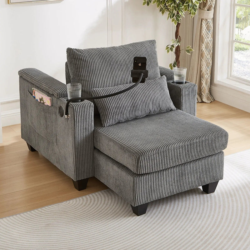 Convertible Chaise Lounge Sofa Chair With USB Ports, Cup Holders, Phone Holder And Storage by HouseOfZazla