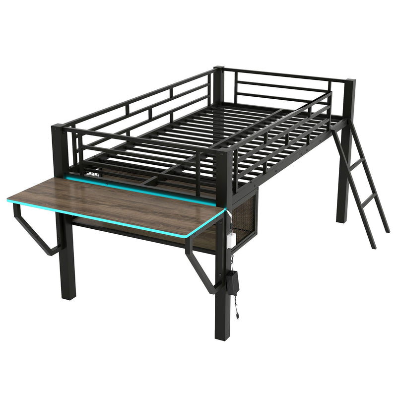 Gaming - Twin Loft Bed With Desk And LED - Black by HouseOfZazla