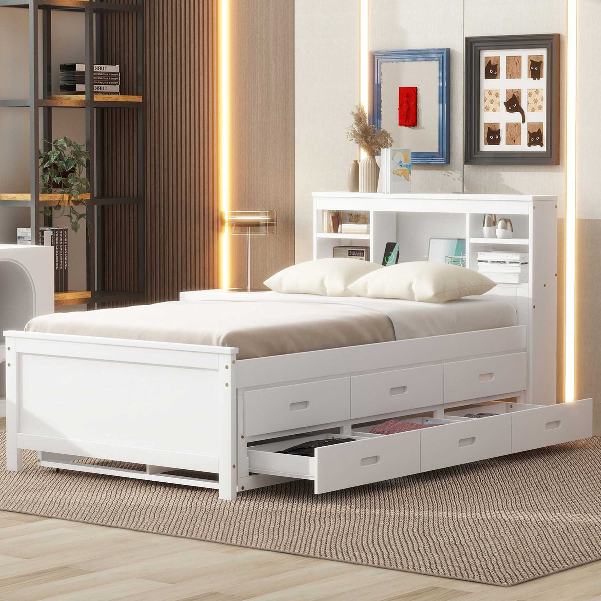 Platform Bed With Storage Headboard, USB, Trundle And 3 Drawers, photo 20 of 28