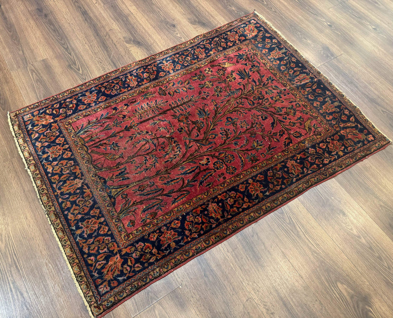 Antique Persian Tree of Life Rug 3x5, Manchester Wool, Bird Pictorials, Fine 240 KPSI, Red Navy Blue by Jewel Rugs