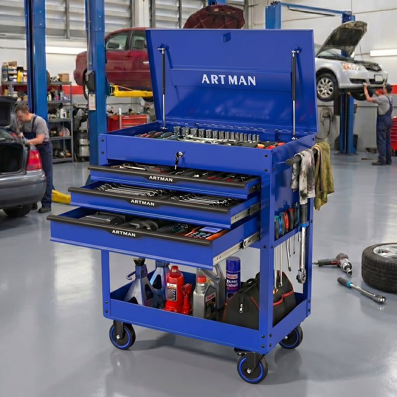 3 Drawers Multifunctional Tool Cart with Wheels and Steel Top - Blue & Black by HouseOfZazla