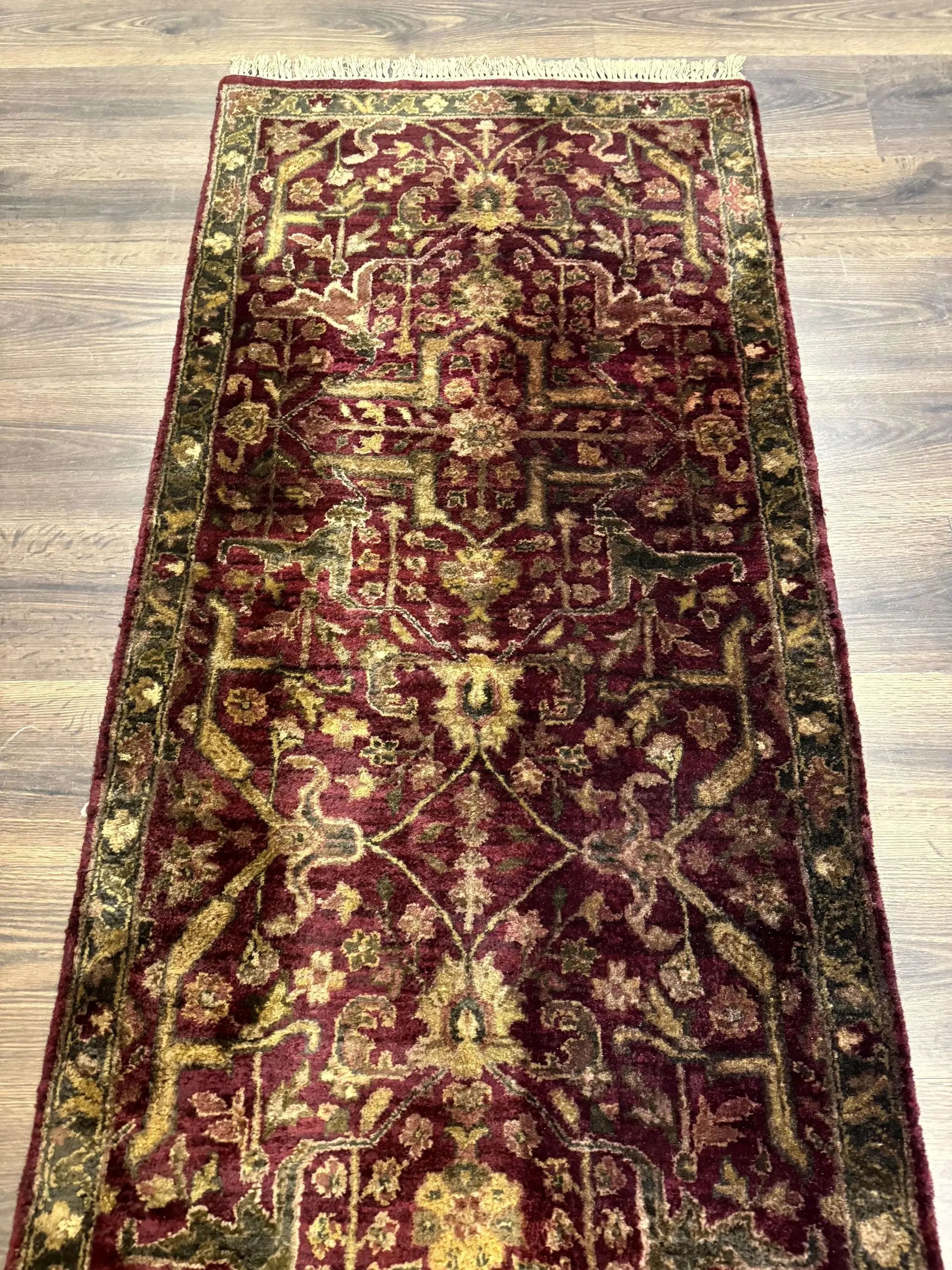 Indo Persian Runner Rug 2.7 x 13.8, Maroon, Wool, Handmade Indian Rug for Hallway by Jewel Rugs