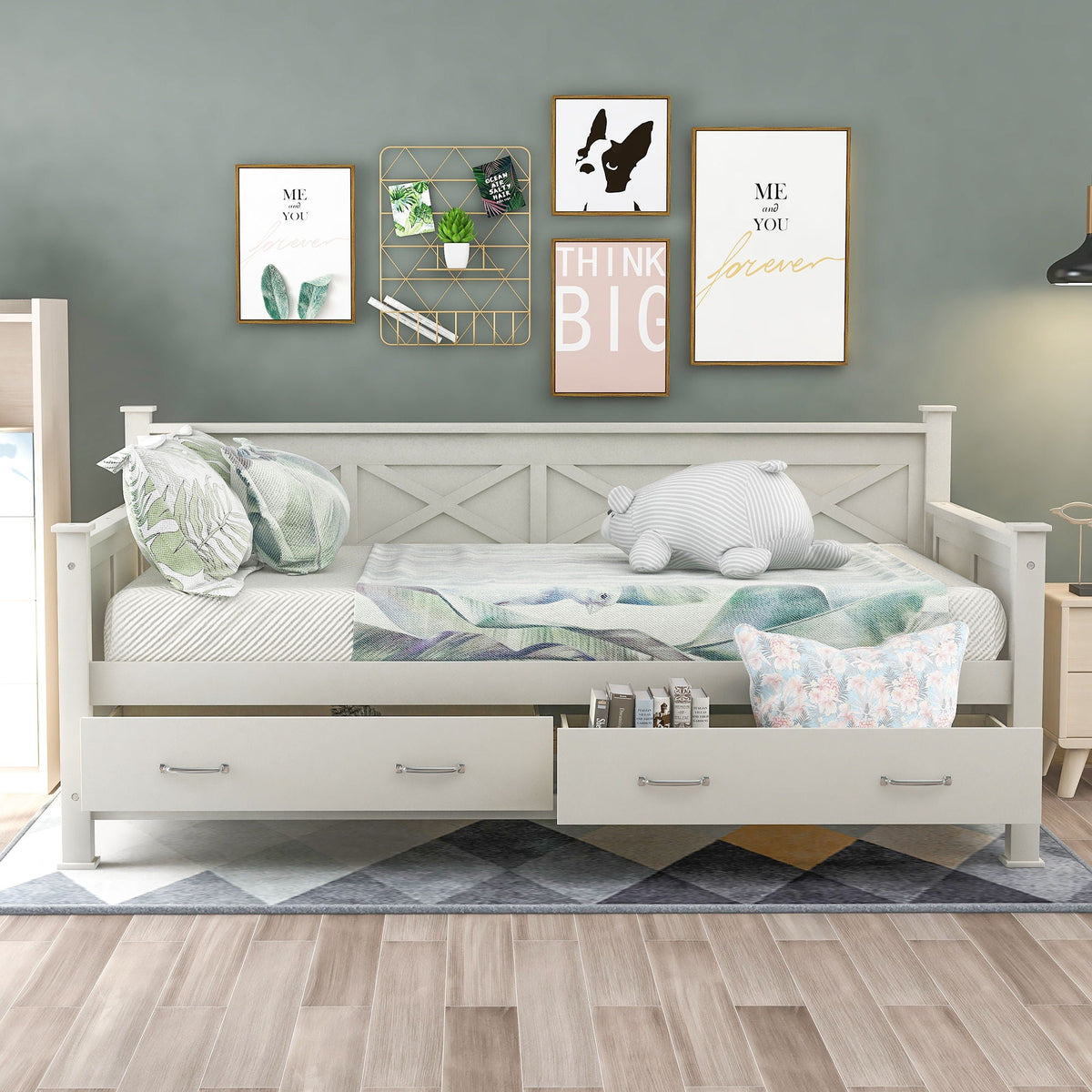 Modern Daybed with 2 Large Drawers and X Shaped Frame - Twin, Dark Gray or White, photo 19 of 28