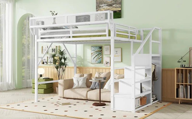 Queen Size Loft Bed with Stairs, Metal Queen Loft Bed with Storage Shelves by HouseOfZazla
