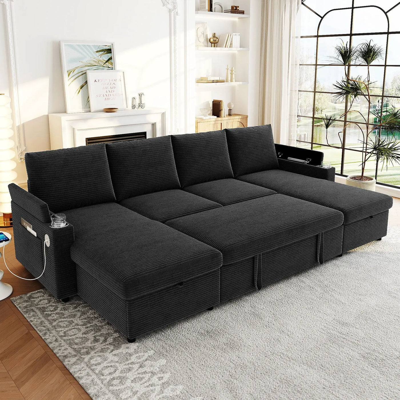 U Shaped Sectional Sofa Bed With Storage Chaise Lounges, USB Ports, And Cup Holders by HouseOfZazla