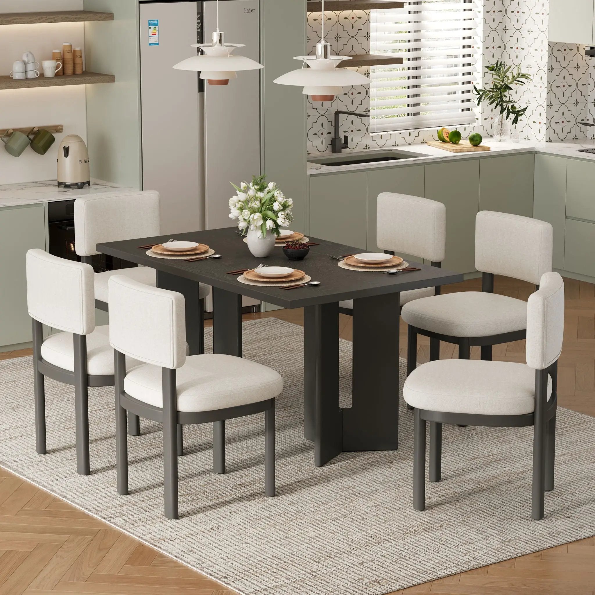 Dining Table Set With 6 Upholstered Chairs, Rectangular Table With Cutout Legs by HouseOfZazla