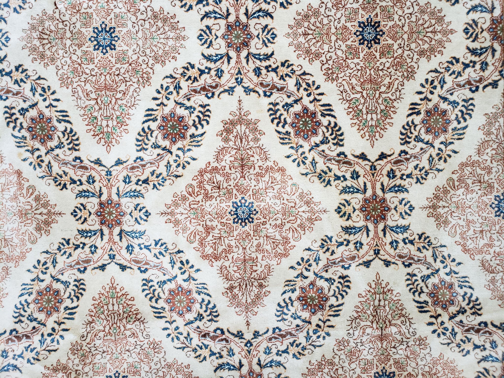 Fine Antique Persian Light Colored Kashan Carpet, 7x12, Top Quality, Rare, Ivory & Blues, Hand-Knotted, Wool by Jewel Rugs