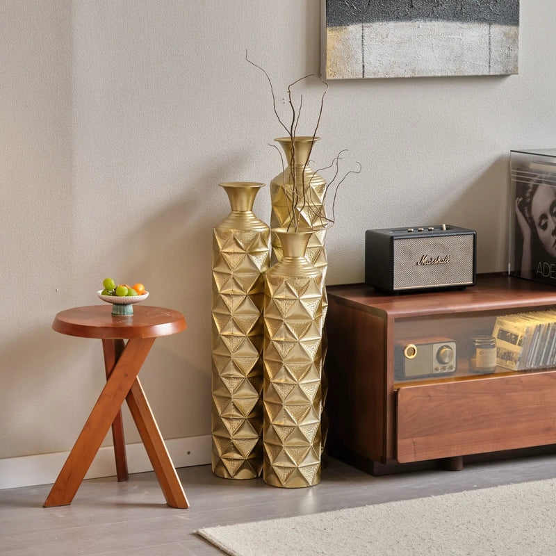 Metal Decorative Vase High Distress Metal Center Vase With 3D Triangle Pattern, (Set of 3) Vases For Home Decoration - Gold by Unique Piece Furniture