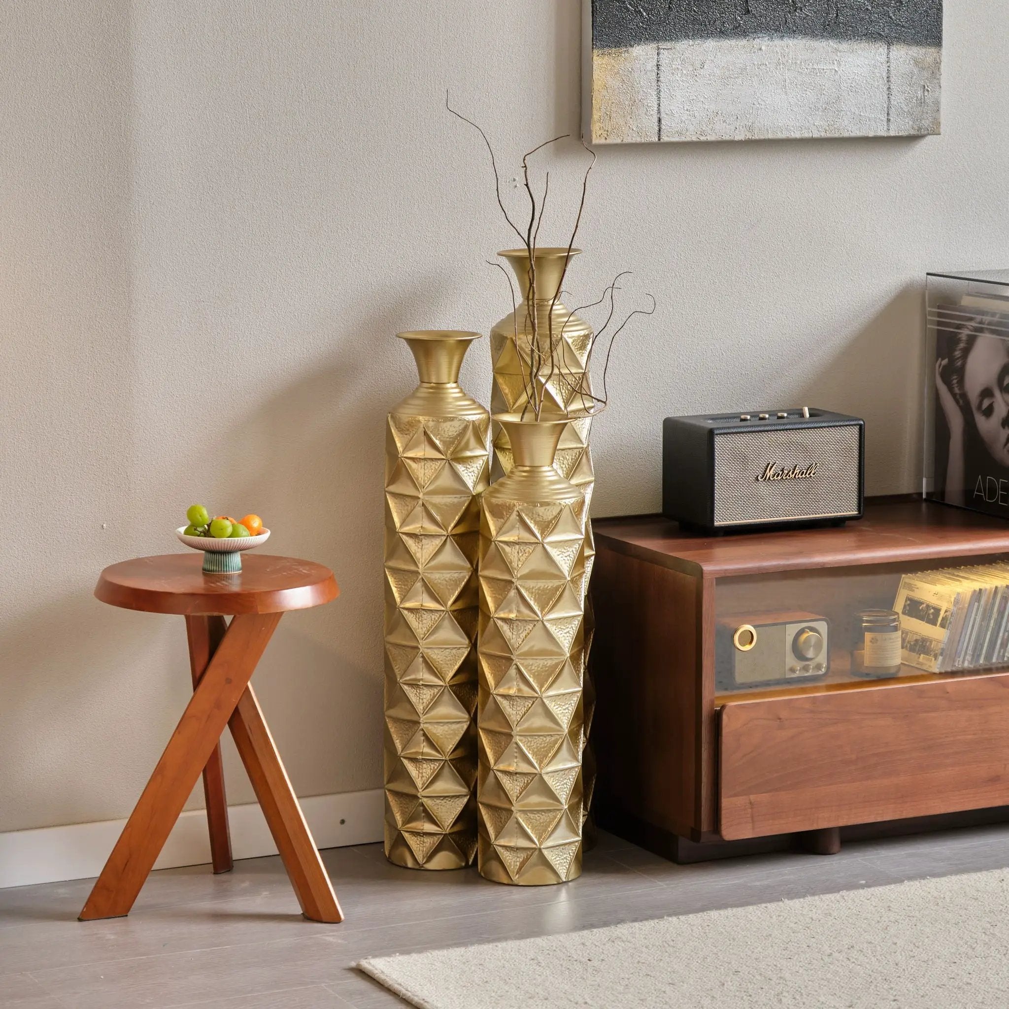Metal Decorative Vase High Distress Metal Center Vase With 3D Triangle Pattern, (Set of 3) Vases For Home Decoration - Gold by HouseOfZazla
