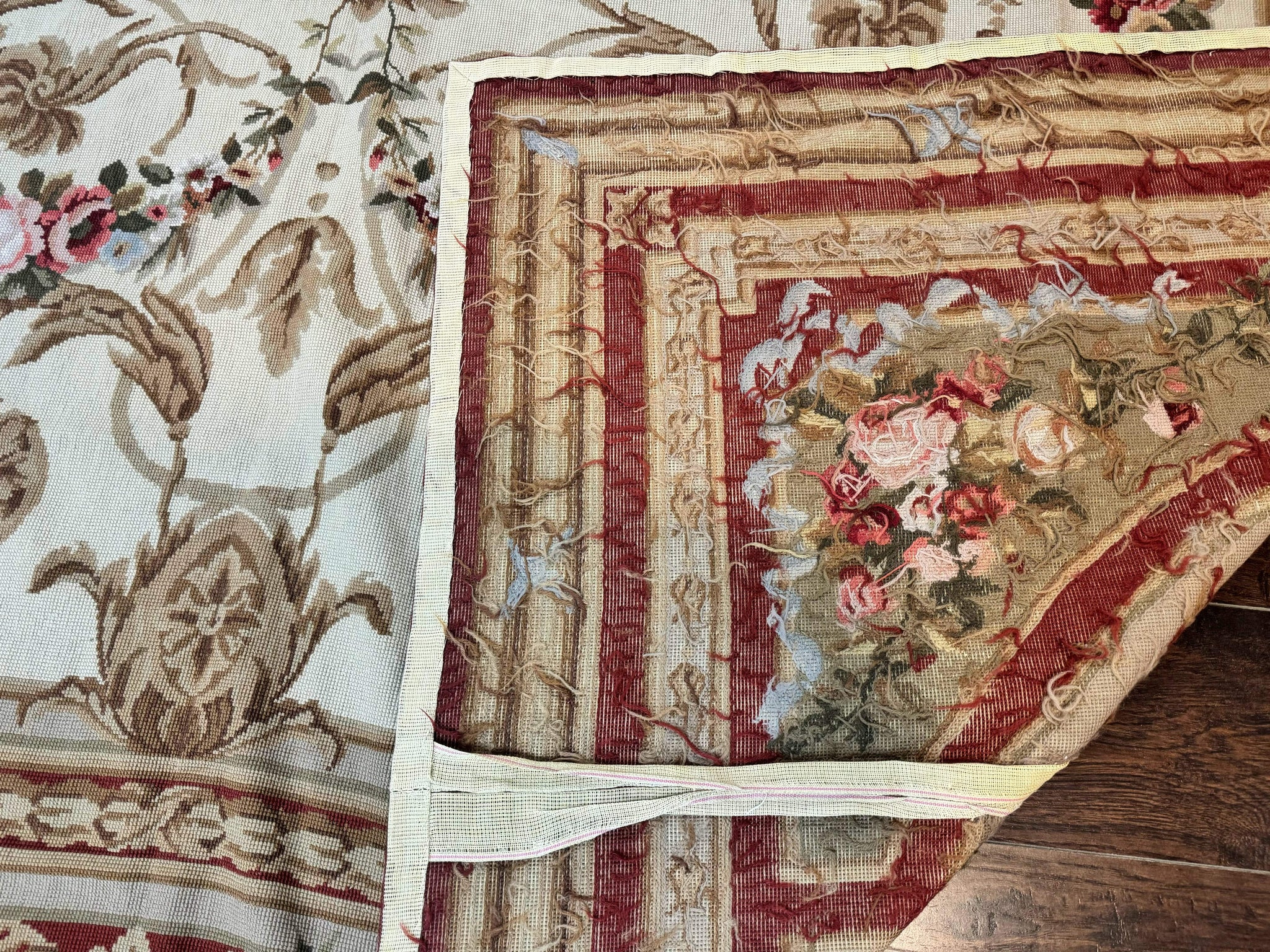 Aubusson Needlepoint Rug 9x11, Handmade Vintage Wool Flatweave Carpet, Elegant European Rug, Floral, Cream by Jewel Rugs