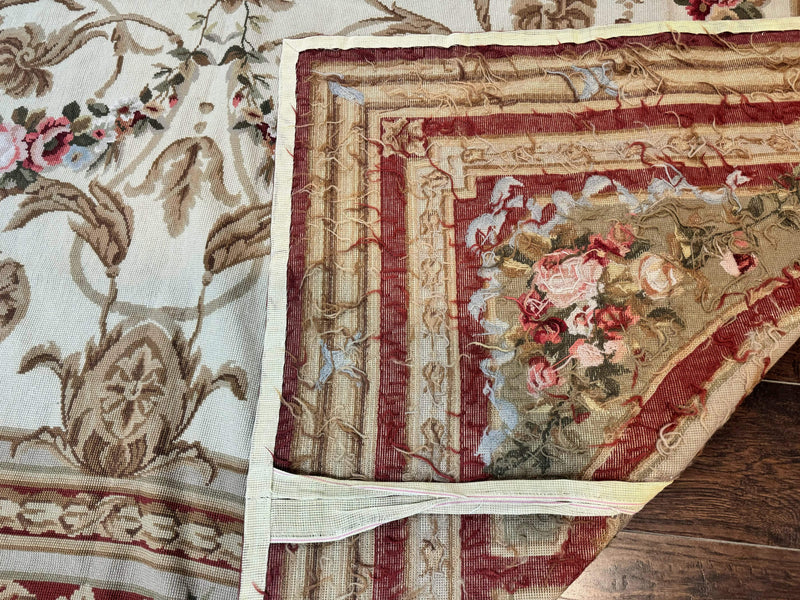 Aubusson Needlepoint Rug 9x11, Handmade Vintage Wool Flatweave Carpet, Elegant European Rug, Floral, Cream by Jewel Rugs