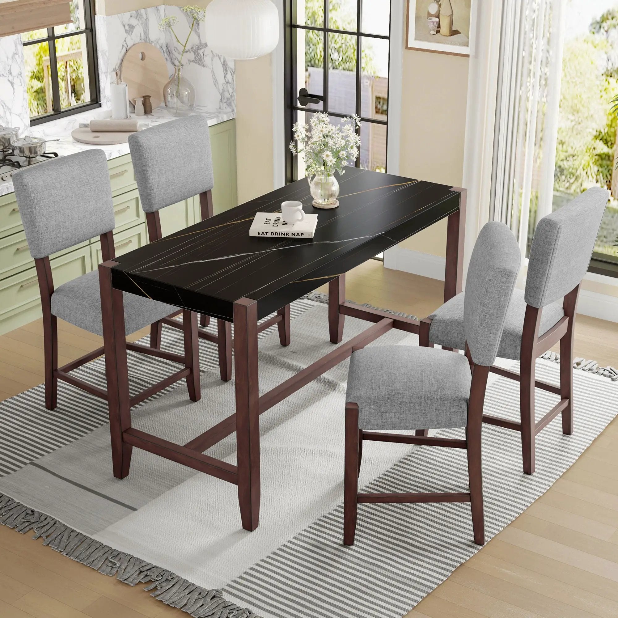 5 Piece Counter Height Dining Set, Bar Table With 4 Upholstered Chairs by HouseOfZazla
