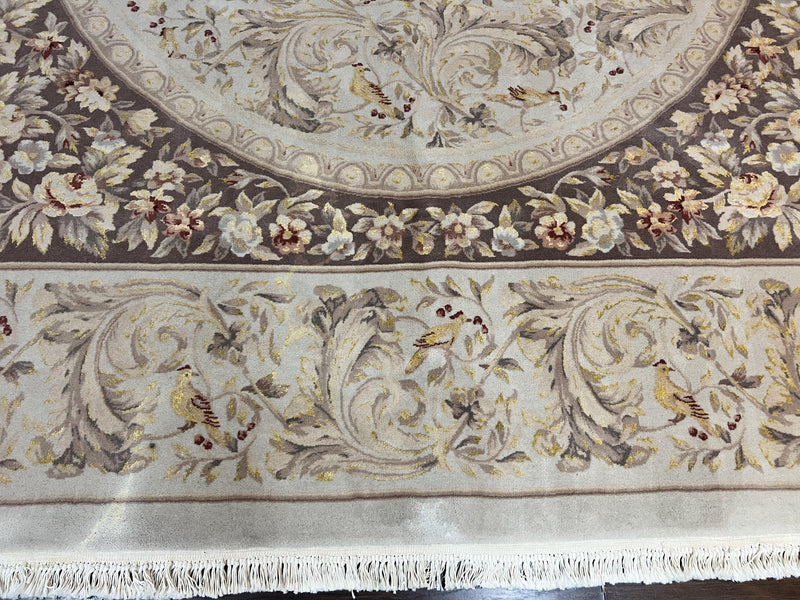 Aubusson Rug 10x14, Wool & Silk Highlights Hand Knotted Vintage Carpet, Birds Flowers, Fine Details, Elegant by Jewel Rugs