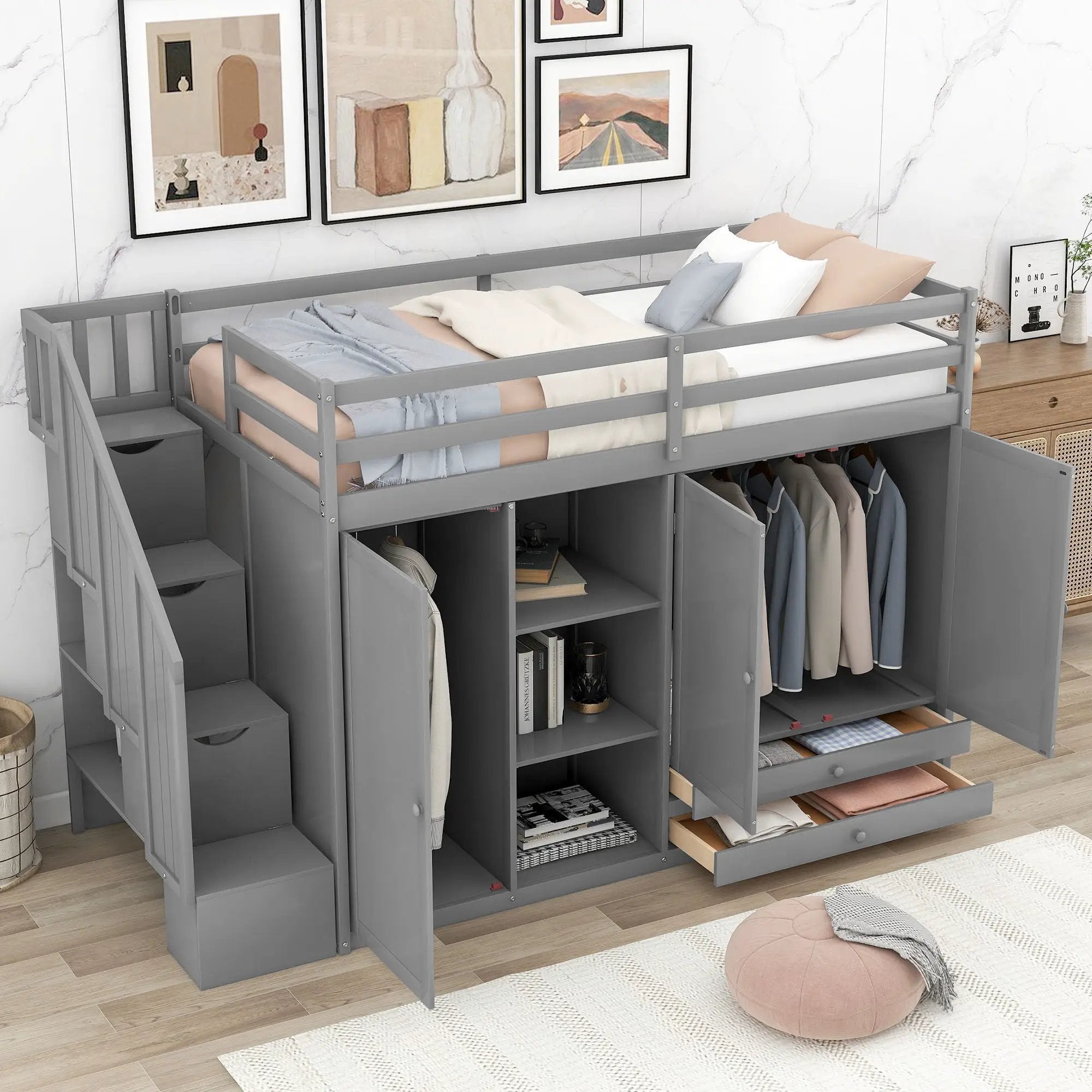 Loft Bed With 3 Shelves, 2 Wardrobes, 2 Drawers, Ladder Storage by HouseOfZazla