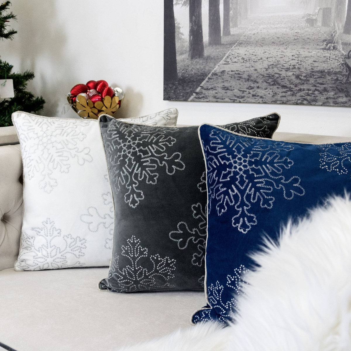 Blue Velvet Holiday Throw Pillow with Silver Snowflakes - Blue, photo 4 of 5
