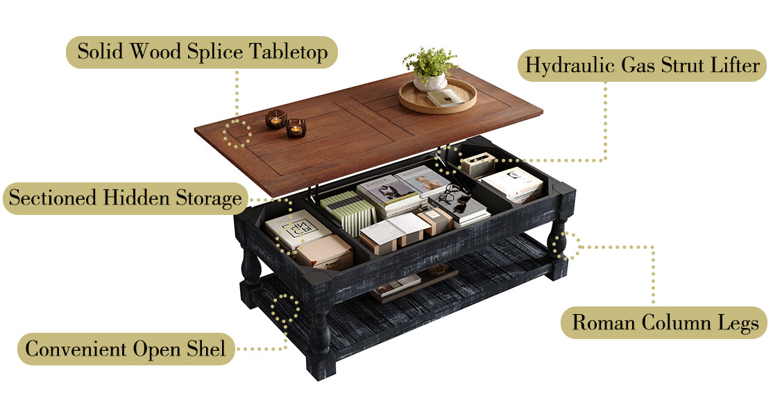 Retro Lift-Top Coffee Table with Storage for Living Room, Hidden Compartment & Lower Shelf, photo 9 of 10