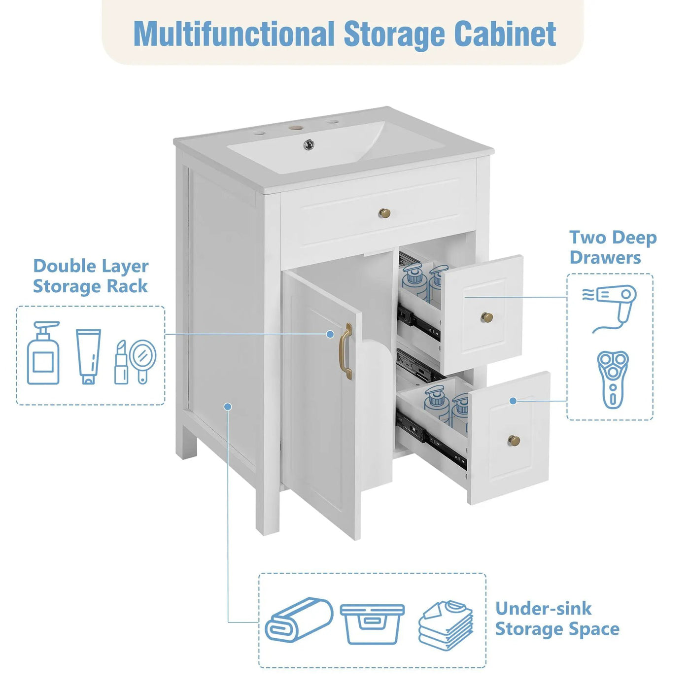 Elegant Bathroom Vanity With Ceramic Sink, Soft Close Doors And Drawers, Double Storage Racks by HouseOfZazla