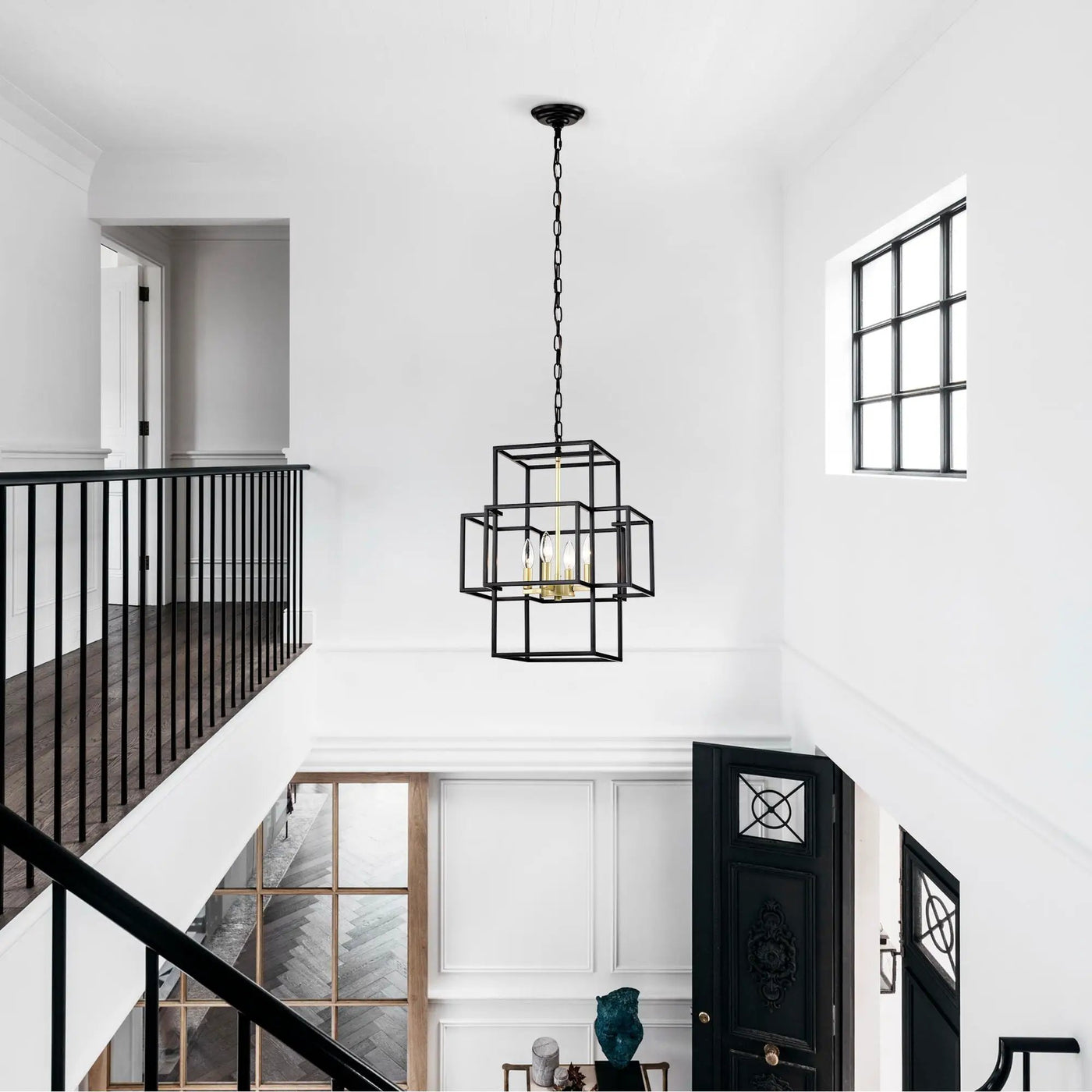4 Light Metal Lantern Tiered Pendant Hanging Light Fixtures, Industrial Farmhouse Adjustable Height Chandeliers For Dining Room Hallway Foyer Entryway (E12 Bulbs Not Included) by Unique Piece Furniture
