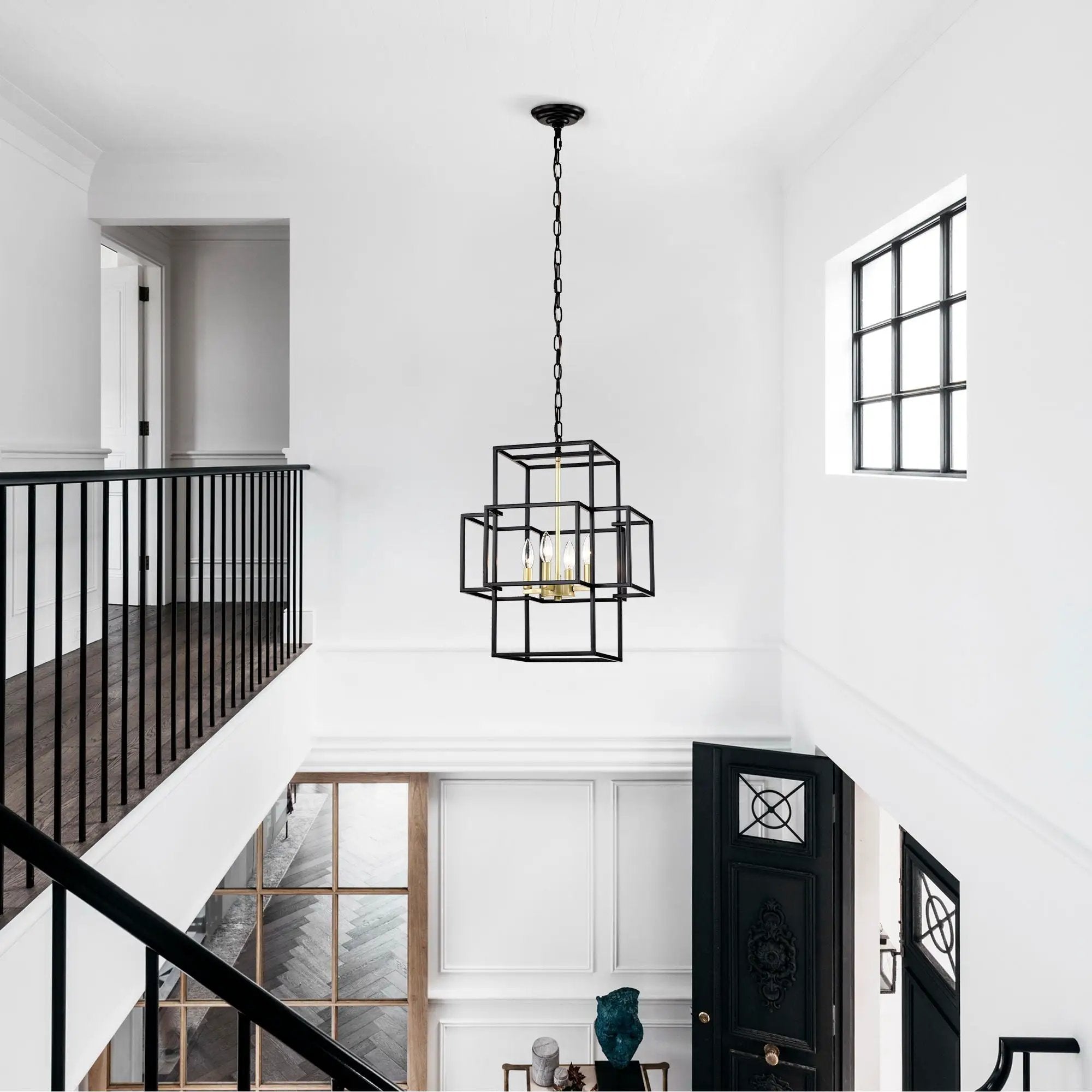 4 Light Metal Lantern Tiered Pendant Hanging Light Fixtures, Industrial Farmhouse Adjustable Height Chandeliers For Dining Room Hallway Foyer Entryway (E12 Bulbs Not Included) by Unique Piece Furniture