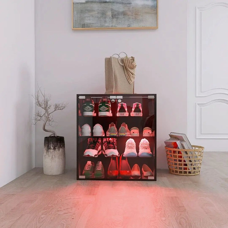 4 Layers Shoe Cabinet With Glass Door And Glass Layer Shoes Display Cabinet With LED Light Bluetooth Control - Black by Unique Piece Furniture
