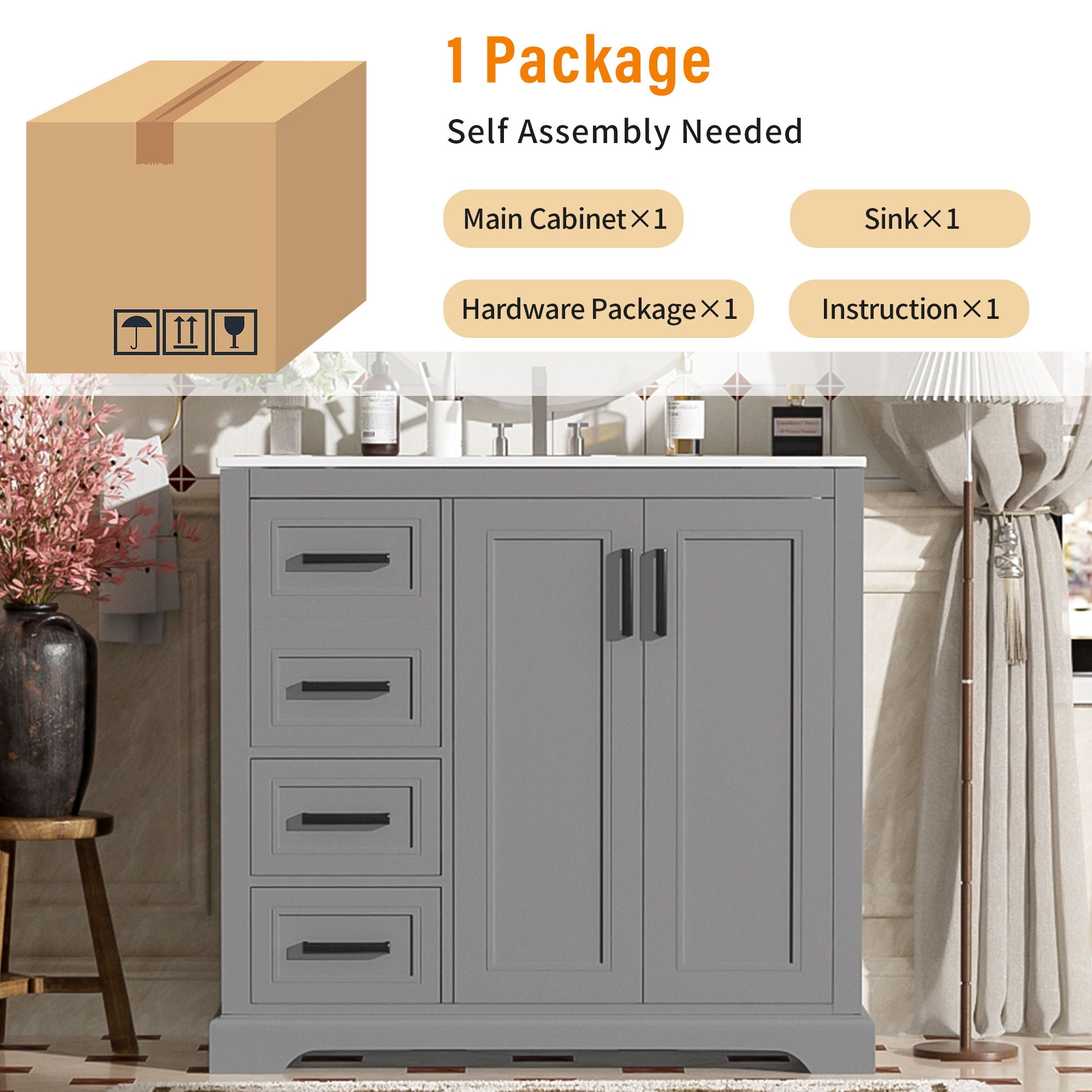 Bathroom Vanity With Sink, Soft Close Doors, Adjustable Shelf & 3 Drawers by HouseOfZazla