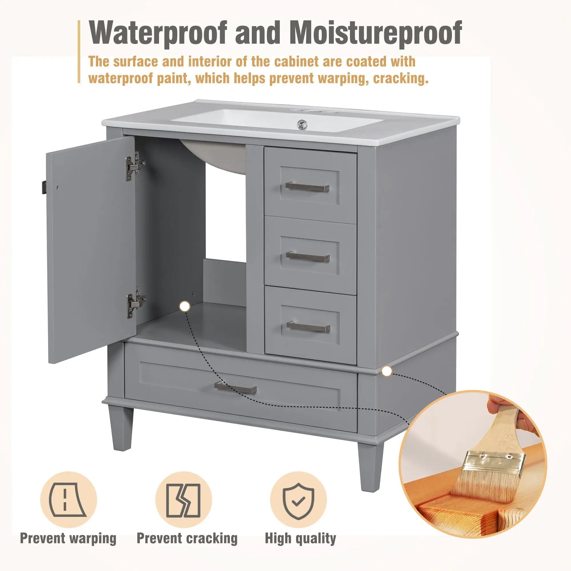 Bathroom Vanity, Modern Bathroom Cabinet With Sink Combo Set, Bathroom Storage Cabinet With A Soft Closing Door And 3 Drawers, Solid Wood Frame by HouseOfZazla