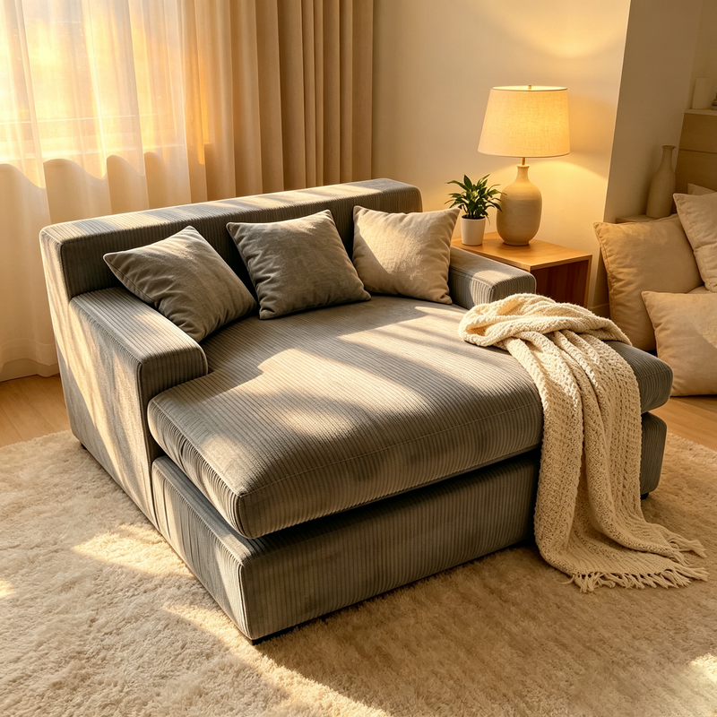 Oversized Corduroy L-Shaped Modular Lazy Sofa, Large Chaise Lounge Bean Bag Chair with Throw Pillows for Living Room Bedroom
