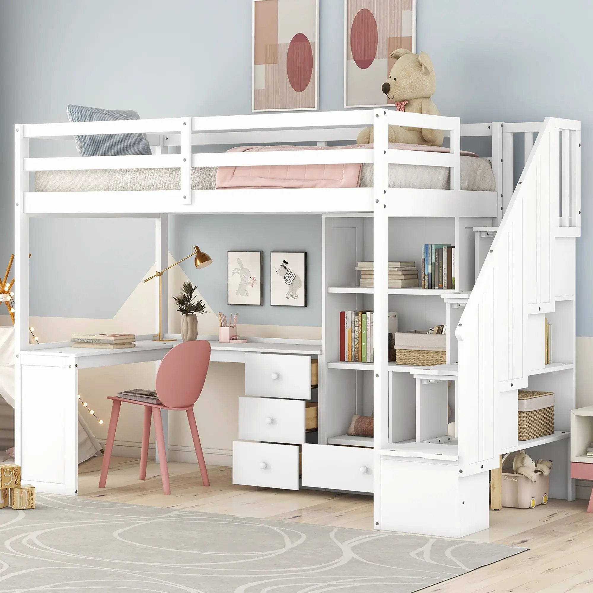 Loft Bed With L Shaped Desk, Drawers, Cabinet, And Storage Staircase by Unique Piece Furniture