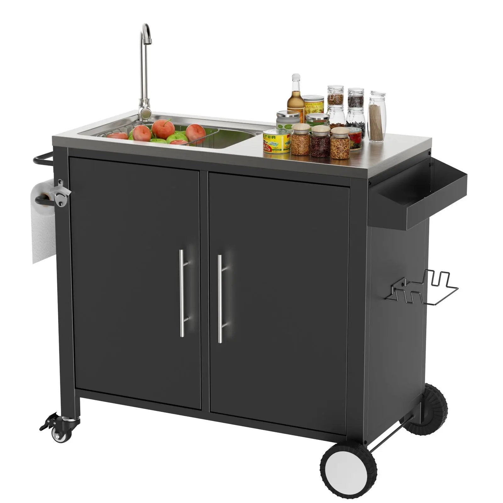 Outdoor Grill Cart With 304 Stainless Steel Sink And Cabinet - Black / Silver by HouseOfZazla