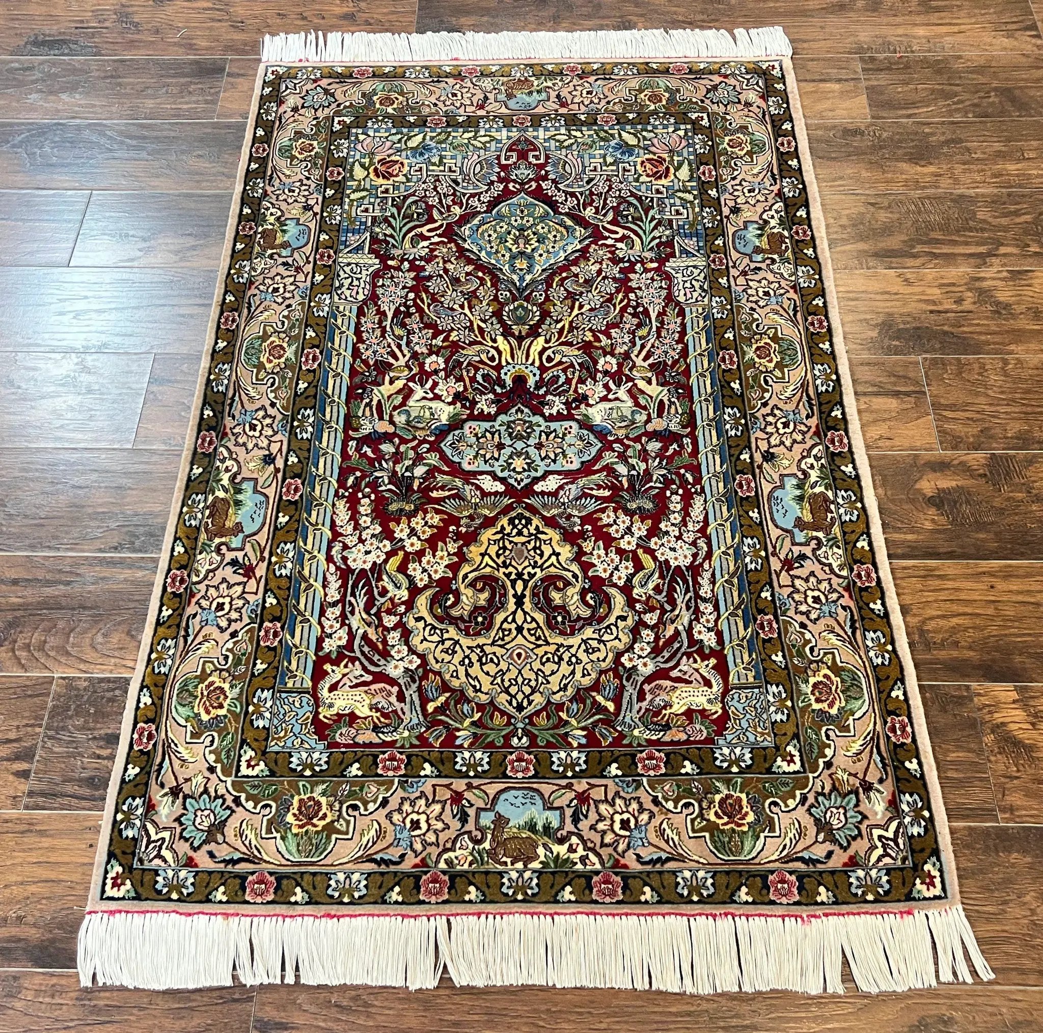 Marvelous Persian Isfahan Rug 3.7 x 5.6, Tree of Life and Animal Pictorials, Handmade Vintage Super Fine 600 KPSI, Kork Wool Silk Highlights, Rare by Jewel Rugs