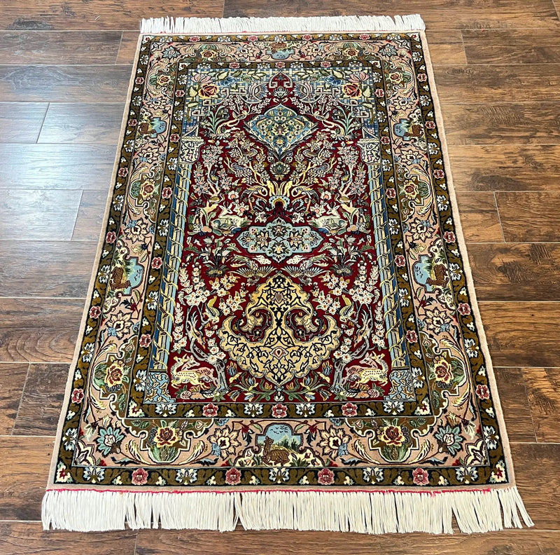 Marvelous Persian Isfahan Rug 3.7 x 5.6, Tree of Life and Animal Pictorials, Handmade Vintage Super Fine 600 KPSI, Kork Wool Silk Highlights, Rare by Jewel Rugs