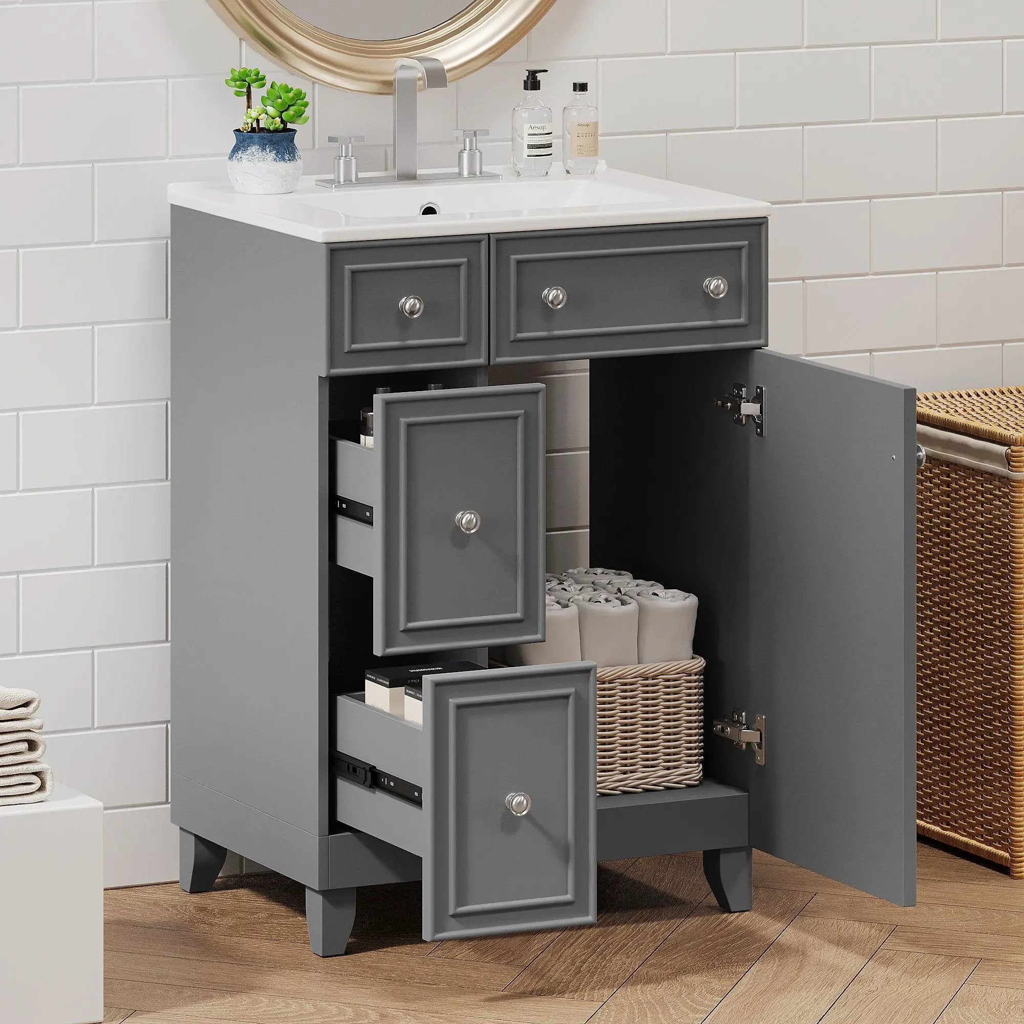 Transitional Style Bathroom Vanity Cabinet With Ceramic Sink by Unique Piece Furniture