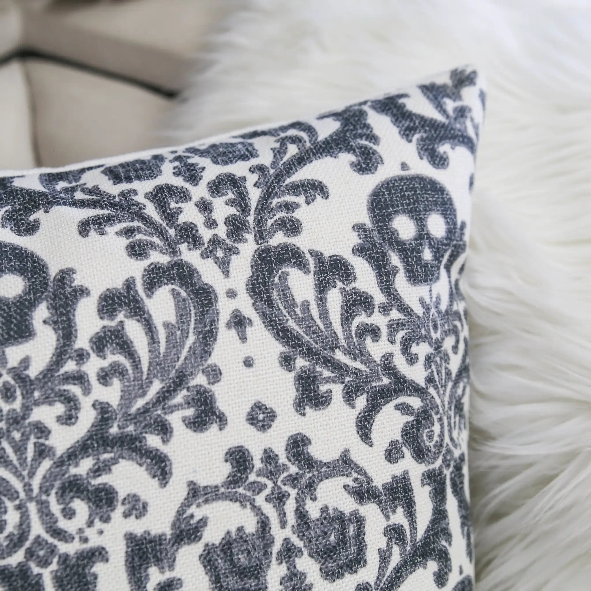 Baroque Skull Damask Accent Pillow – Black & White Day of the Dead Accent Cushion by HouseOfZazla