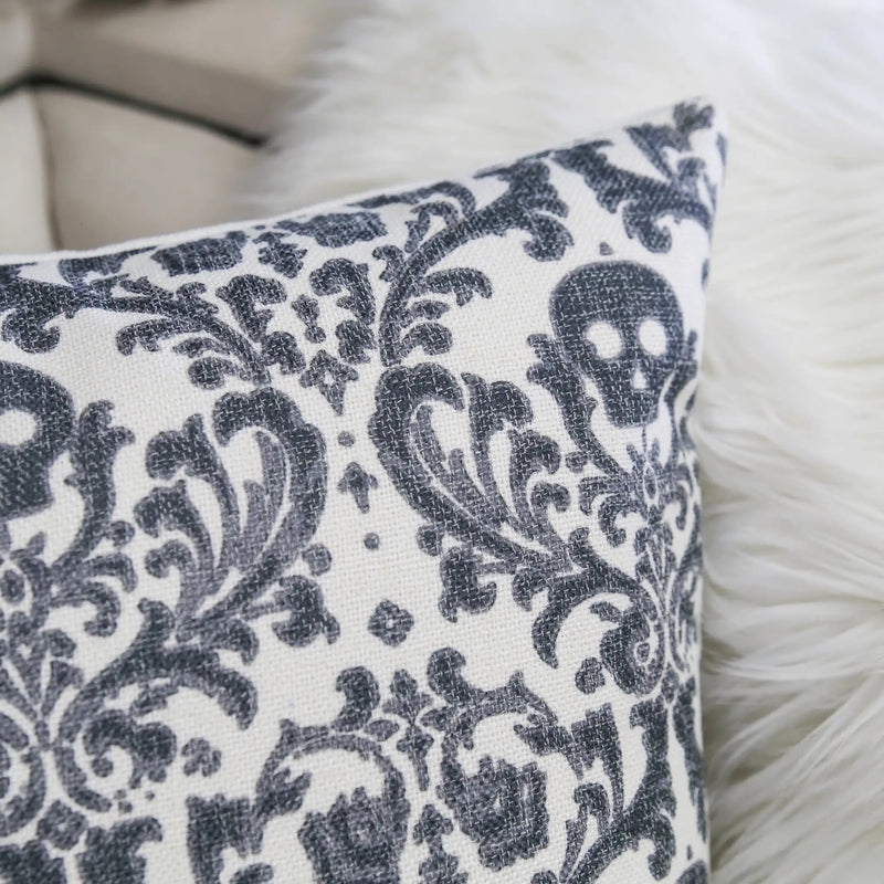 Baroque Skull Damask Accent Pillow – Black & White Day of the Dead Accent Cushion by HouseOfZazla