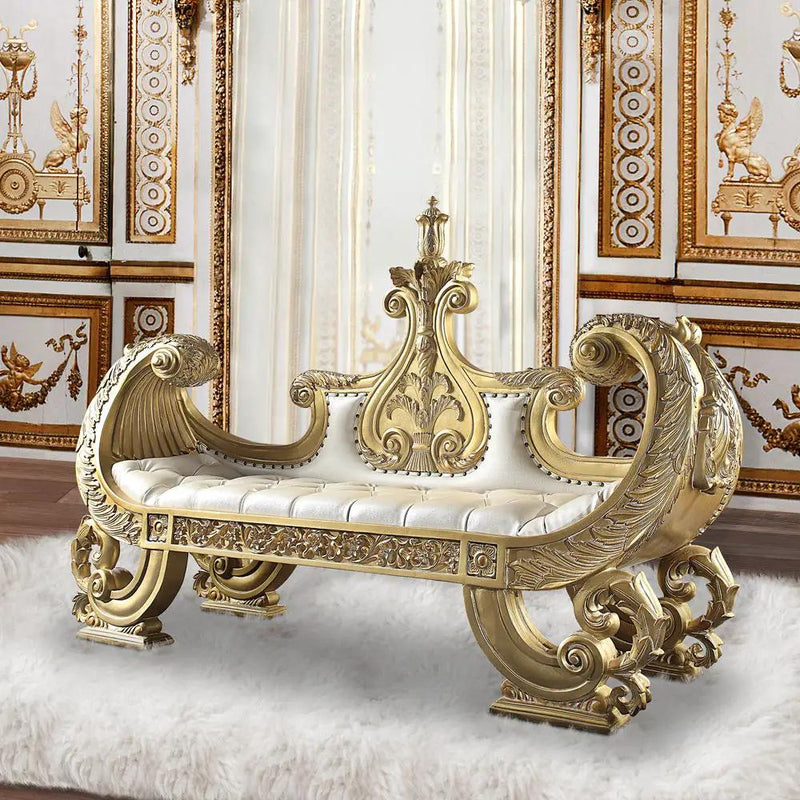 Bernadette - Bench - White Synthetic Leather Fabric & Gold by Unique Piece Furniture