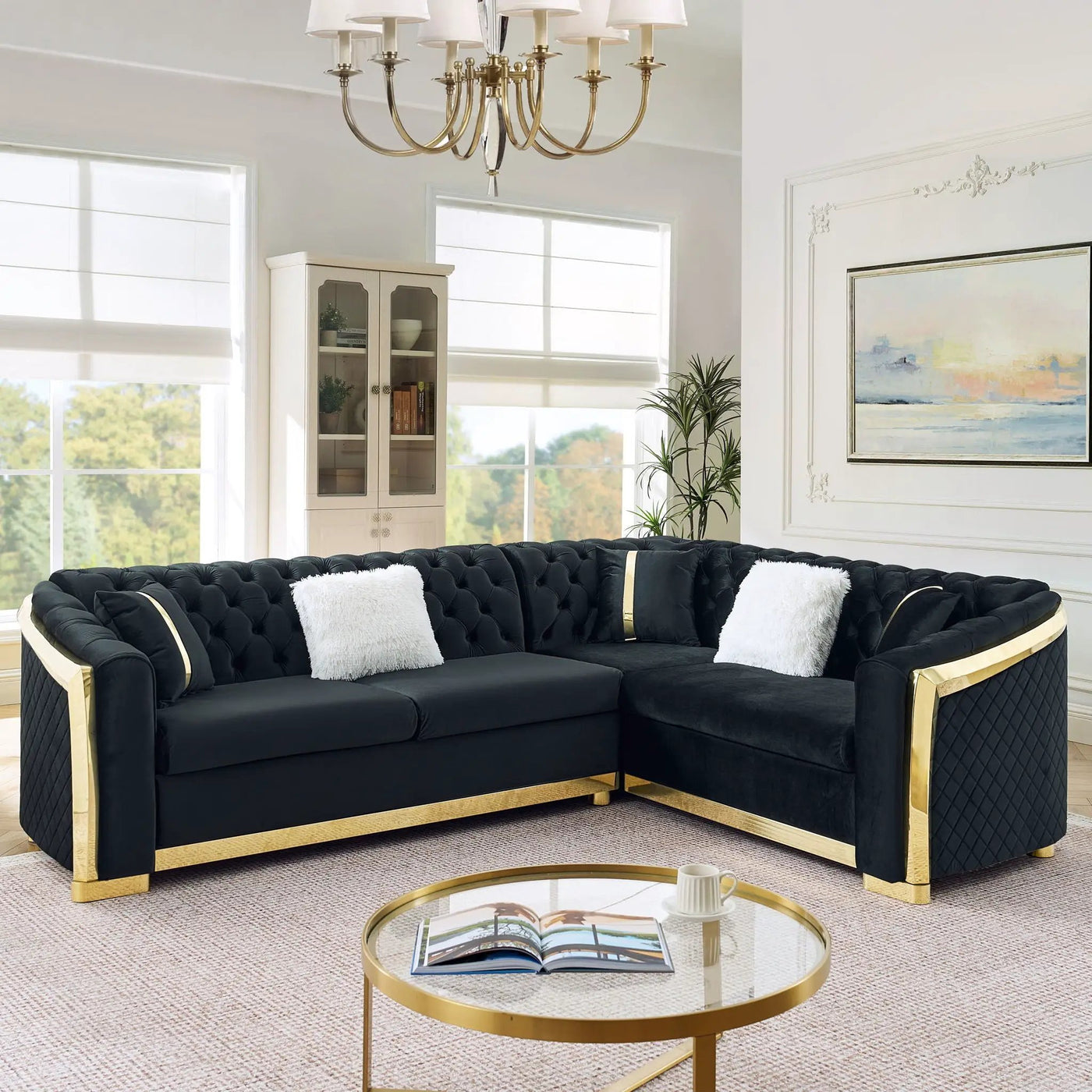 L Shaped Chesterfield Sectional Sofa With Stainless Steel Accents by Unique Piece Furniture