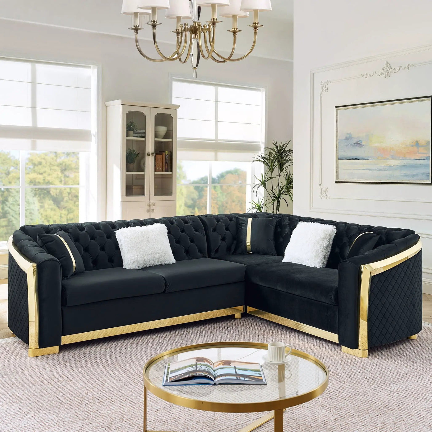 L Shaped Chesterfield Sectional Sofa With Stainless Steel Accents by HouseOfZazla