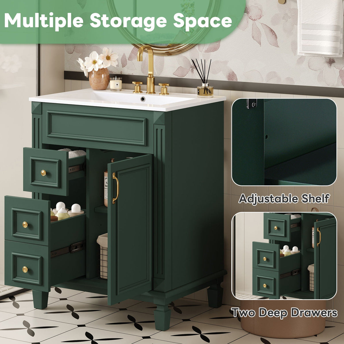 Bathroom Vanity With Sink, Compact Cabinet & 2 Drawers And Adjustable Shelf, photo 31 of 40