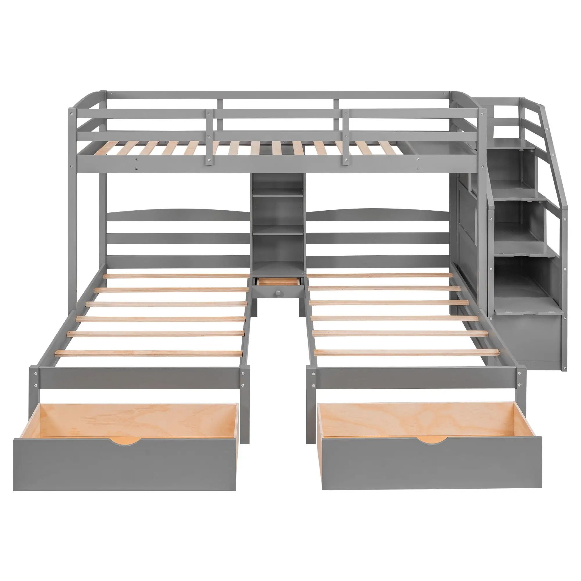 Twin Over Twin & Twin Bunk Bed With Drawers, Staircase Storage, Built In Shelves - Gray by HouseOfZazla