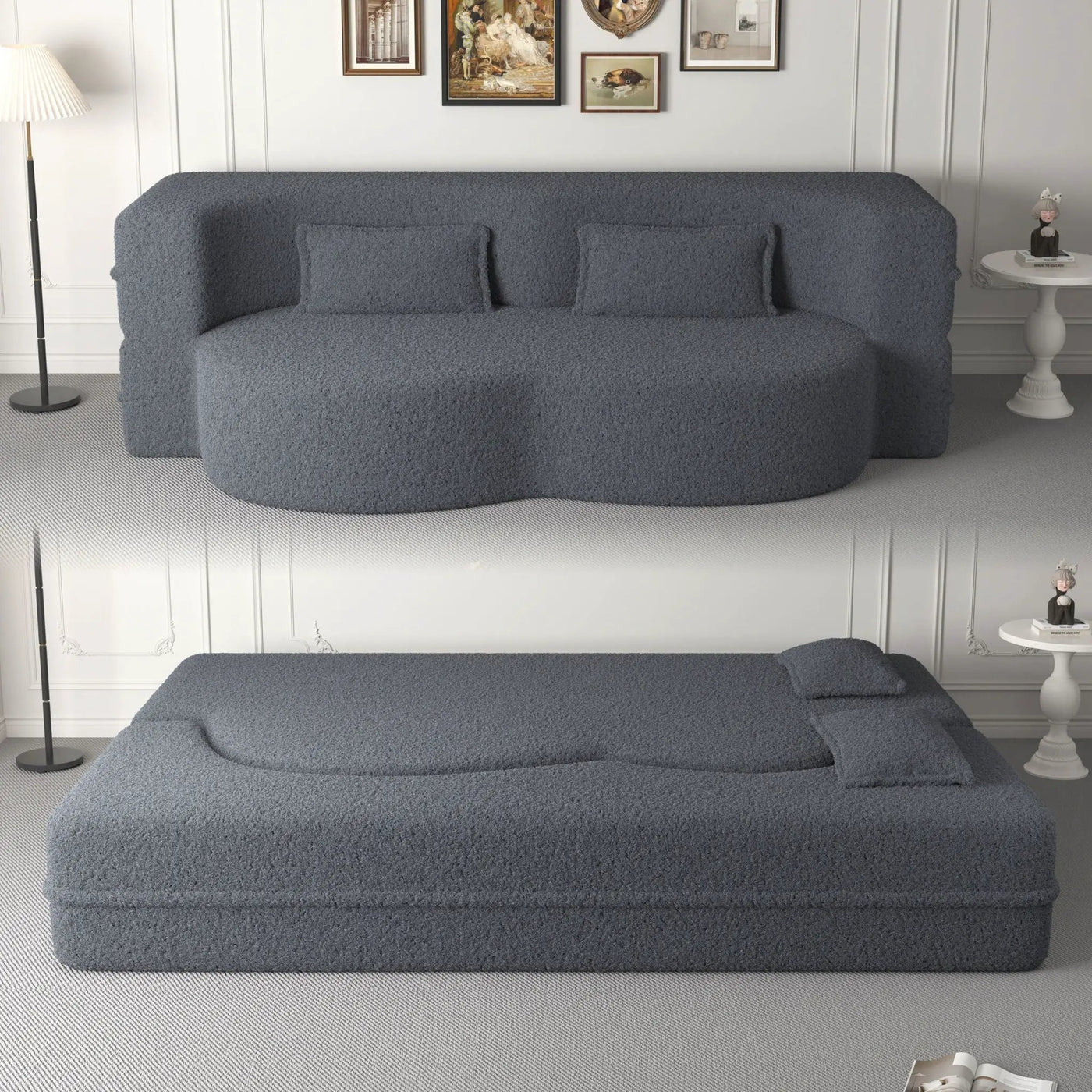 Modern Floor Sofa With Two Pillows Convertible Teddy Fabric Foam Filled Bed by HouseOfZazla