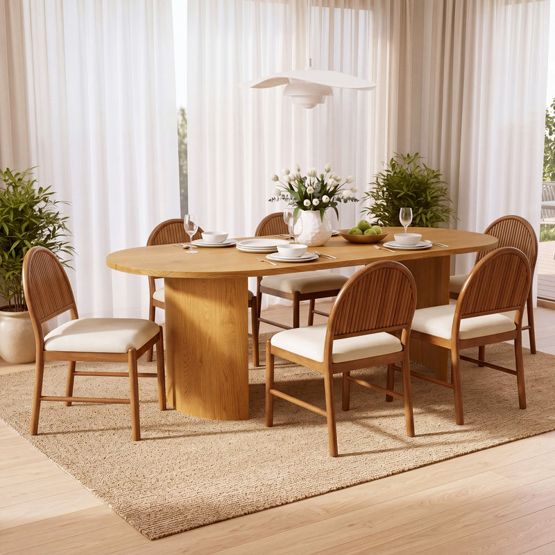 Rubber Wood Dining Chair with Fluted Backrest and Upholstered Seat - Beige, photo 3 of 10